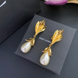 YSL Golden Leaf Pearl Drop Earrings