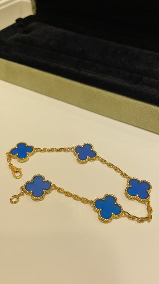 Van Cleef & Arpels 5-Motif Bracelet in Gold with Blue Agate Alhambra Motifs
