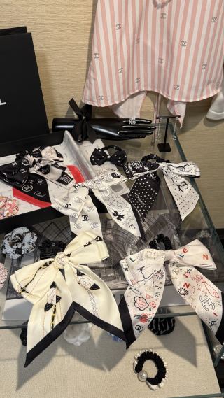 Chanel Double-Sided Bow Hair Tie with Heart and Four-Leaf Clover Motifs
