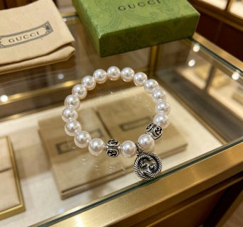 Gucci Pearl Bead Lion Head Medallion Charm Bracelet