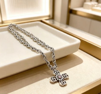 Gucci GG Floral Cross Pendant Silver Chain Necklace